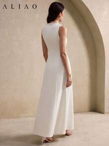 ALIAO Spring Summer Solid Color Dress, 3D Pearl Embellishment, Square Neck Sleeveless, Dinner Party Elegant - Apricot - View 7