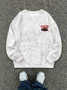 Sweatshirt Anak Laki-Laki Gaya Vintage Acid Wash, Motif Balap Tokyo Underground di Bagian Belakang, Gaya Streetwear Musim Gugur/Dingin, Atasan Kampus - Putih - View 2