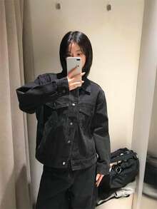 Vintage Contrast Stitching Double Pocket Cropped Denim Jacket - Black - View 2