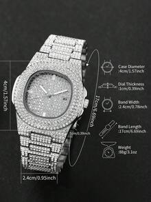 Men's Hip Hop Full Rhinestone Square Dial Calendar Quartz Watch + Hip Hop Full Rhinestone Bracelet, Boyfriend Gift (2pcs/Set) Watch Box Not Included - Silver - View 5