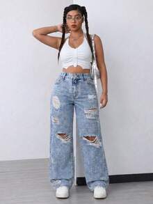 Women's Plus Size Distressed Loose Fit Denim Jeans, Y2K Retro Denim Style, With Pockets And Zipper - Blue - View 5