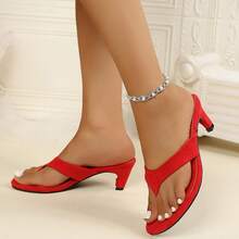 Women's High Heel Sandals Random Print Square Toe Metal Buckle Kitten Heel Minimalist Commute Old Money Style Comfortable Casual Party Fashion Slide Sandals - Red - View 5
