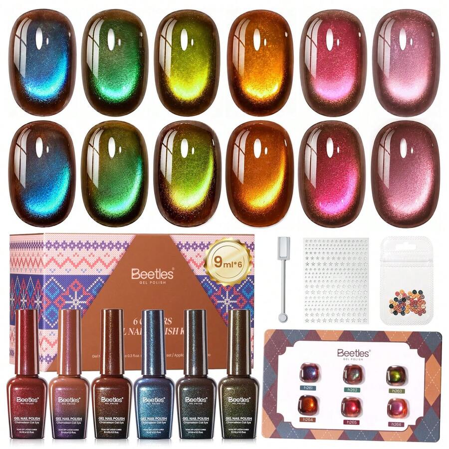Beetles 6 Colors 9ML Mocha Sweater Cat Eye Gel Nail Polish Set, Brown-Toned Iridescent Magnetic Fall Gel Kit With Button Charms, Star Stickers & Magnet, Soak Off UV Nail Art For Home Manicure - 6 Colors 9ML Mocha Sweater Cat Eye - 查看 1