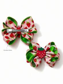 2pcs Strawberry Print Ribbon Bow Hair Clips With Lemon Slice Decor, Fresh Summer Daily Hair Accessories For Girls - Multicolor - View 6