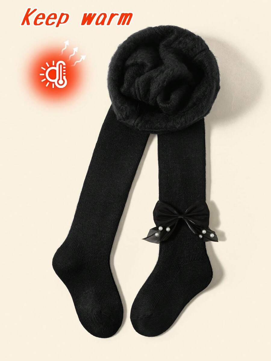 [Autumn/Winter Style]1pc Women/Infant Tights, Black Pearl Bow Decor, Classic White Thin Vertical Stripe Design, Simple Fashion Warm & Breathable, Skin-Friendly Soft Comfortable Casual Thin Fleece Cold-Proof Versatile Footed Socks, Suitable For 0-8 Years Old Autumn/Winter Daily Wear/Travel/Holiday Gifts - Multicolor - View 1