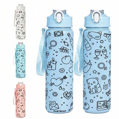 1pc 750ml/26oz 3D Printed Black Outline Print Sports Straw Water Bottle, Multiple Cartoon Patterns, 5 Colors Available, With Carrying Strap For Easy Portability, Compact Durable Lightweight, Back To School, Office, Suitable For Outdoor, Travel, Camping, Travel, School, Office, Gym, Great Choice For Holiday Gift, Birthday Gift