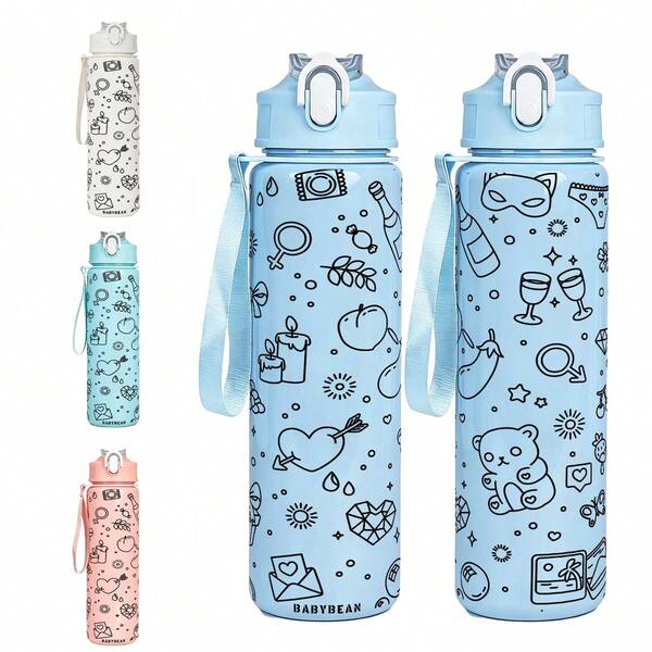 1pc 750ml/26oz 3D Printed Black Outline Print Sports Straw Water Bottle, Multiple Cartoon Patterns, 5 Colors Available, With Carrying Strap For Easy Portability, Compact Durable Lightweight, Back To School, Office, Suitable For Outdoor, Travel, Camping, Travel, School, Office, Gym, Great Choice For Holiday Gift, Birthday Gift