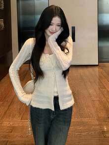 [Y6Y]Women's Hollow Button Knit Cardigan, Long Sleeve Crochet Fitted Knit Jacket, Autumn - Apricot - View 5