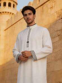 Arabian Style Long Men's Fashion Casual Embroidered Elegant Commute Versatile Daily Wear Long Sleeve Robe. Traditional Holiday Attire, Traditional Arabian Men's Robe, Breathable Loose Robe, Suitable For Eid, Ramadan And Daily Wear - White - View 1