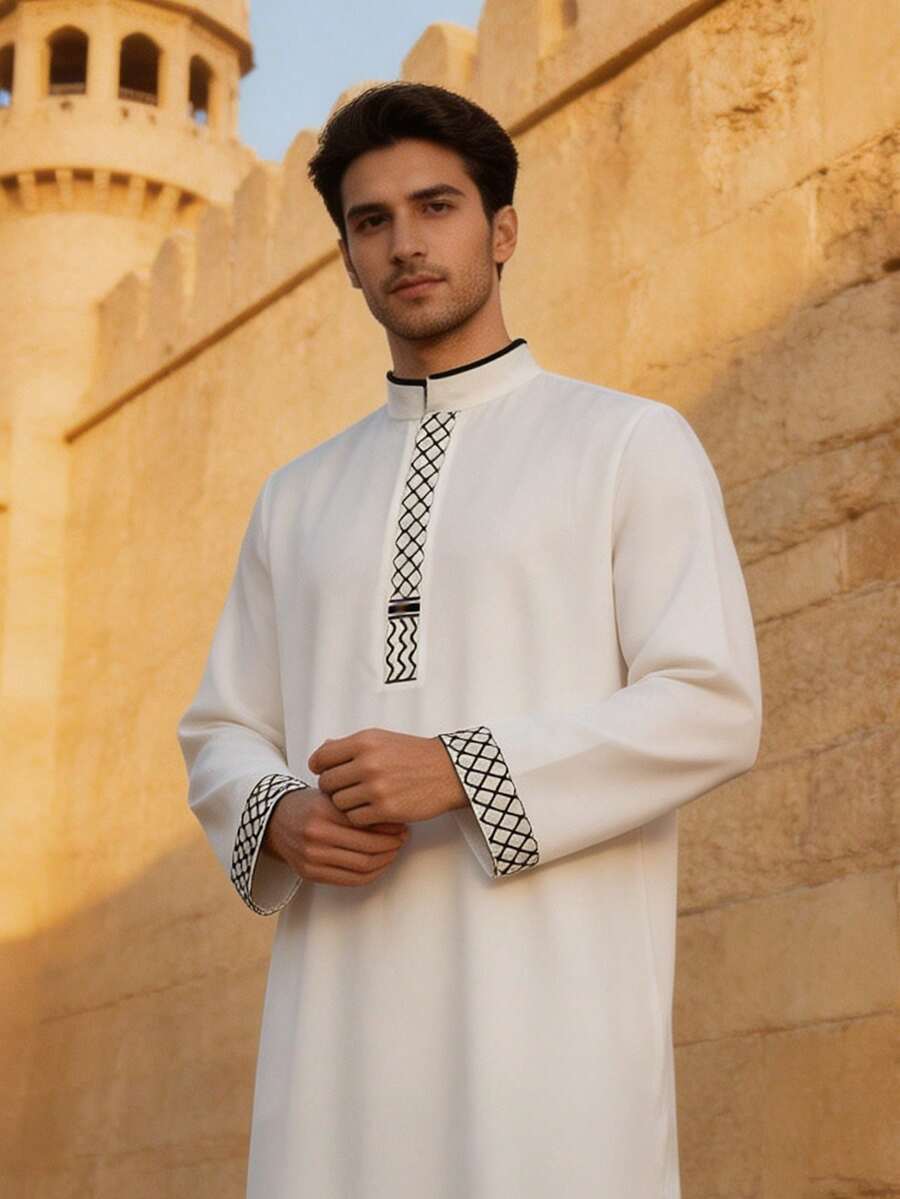 Arabian Style Long Men's Fashion Casual Embroidered Elegant Commute Versatile Daily Wear Long Sleeve Robe. Traditional Holiday Attire, Traditional Arabian Men's Robe, Breathable Loose Robe, Suitable For Eid, Ramadan And Daily Wear - White - View 1