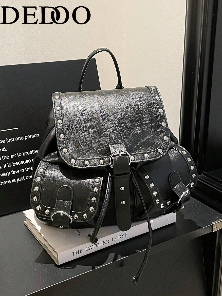 Dedoo Mochila con solapa y cordón, unicolor con ribete de remaches, bolsillos dobles, gran capacidad, mochila escolar, campus universitario, mochila diaria de estudiante estilo retro punk