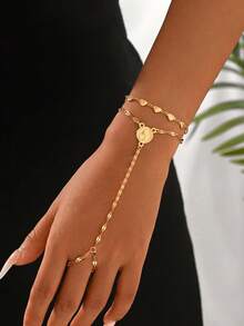 2pcs/Set Fashion Elegant Gold Virgin Mary Decor Finger Bracelet Double Layer Stackable Heart Bracelet Popular Women's Hand Jewelry Suitable For Vacation, Date, And Daily Commute Wear - Gold - View 1