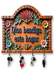 2D Flat Wooden Key Rack With Floral Home Blessing Hooks, Suitable For Wall, Porch, Room, Villa Decoration, Seasonal Home Decor Entryway Storage Display Rack - Multicolor - View 3