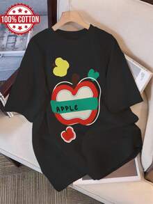 Ladies Apple Leaf Printed Tee, Breathable Round Neck Short Sleeve Casual Top For Summer And Autumn - 黑色 - 查看 7