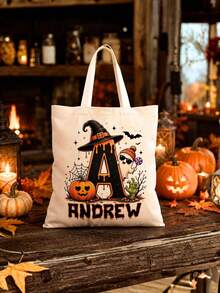 Personalized Halloween Candy Tote Bag, Customizable Name Pumpkin Ghost Witch Printed Tote Bag, Customized Commemorative Gifts For Family And Friends - Multicolor - View 5