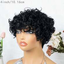 AMECIRE Black Curly Wig Short Hair Wig Pixie Cut Wig Human Hair Wig Wigs For Ladies With Bangs Fluffy Shape Suitable For All People - Natural Black - View 5