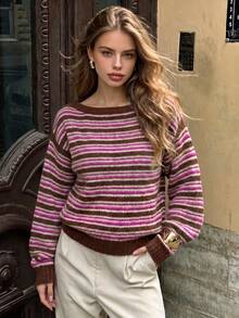 Women's Brown Pink White Colorblock Striped Knit Sweater, Vintage Round Neck Raglan Long Sleeve Loose Soft Short Pullover Top, Knit Sweater For Women - Brown - View 7