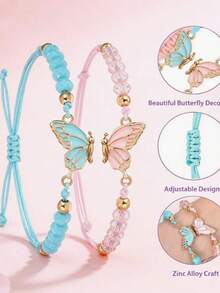 2pcs/Set Girls Delicate Fashion Zinc Alloy Butterfly Pendant Braided Bracelet Set, Suitable For Sisters Daily Wear, Friendship Gift - Multicolor - View 3