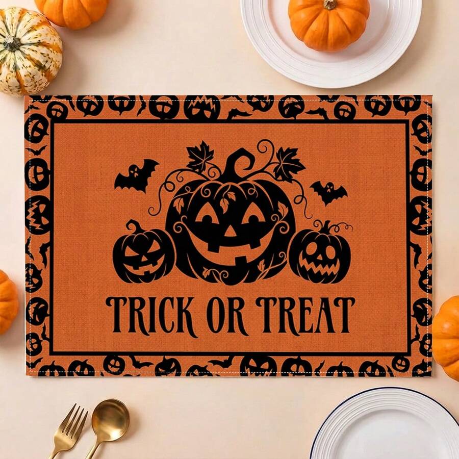 2/4/6/8pcs Halloween Pumpkin Ghost Face Print Rectangular Placemats, Suitable For Home, Hotel, Restaurant, Holiday Celebration, Banquet Table Decoration, Autumn/Winter Home Decor - Multicolor - View 1
