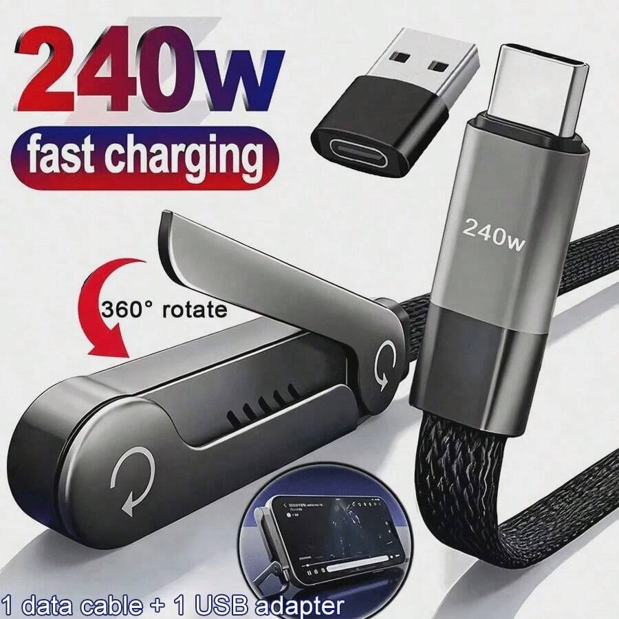 Cable de datos con soporte plegable de carga rápida de 240W con adaptador USB a Type-C, convertidor USB-C macho a Micro USB Type-C hembra, compatible con MacBook y S23/S22/S21/S20 interfaz USB-C OTG (Nota: Este producto no admite la función OTG, solo los dispositivos con función OTG pueden cargarse normalmente), diseño 2 en 1 USB-C a Type C, conector curvo para carga y visualización de video de manera conveniente, compatible con la serie de teléfonos 14 Pro Max/14 Pro/14 Plus/14/13/12/11 - Multicolor - Ver 1