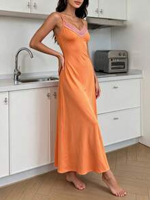 Women's Sexy Lace Trim Long Strap Nightgown Robe, Halloween Pajamas Lingerie, Suitable For Romantic Night - Orange - View 4