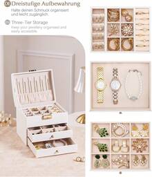 Small Jewelry Box With Lock, 3-Tier Organizer, Removable Tray And Dividers, Ideal For Earrings, Rings, Necklaces, Birthday Gift - White - View 5