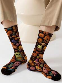 1 Pair Women's Mid-Calf Socks With Multiple Expressions, Pumpkin Witch Hat And Cute Ghost 360° Full Print, Fun Halloween Party Cosplay Casual Daily Socks, Unisex Style, Ideal Gift Choice - Multicolor - View 5