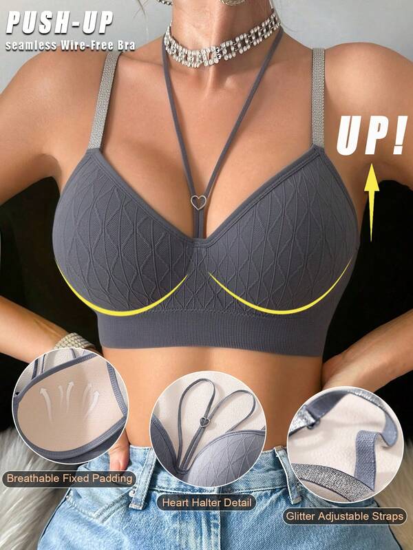 Women Wireless Push Up Bralette, Diamond Textured , Heart Halter Detail, Glitter Adjustable Straps, Light Support Wire Free Bra, Sexy Daily Inner Top