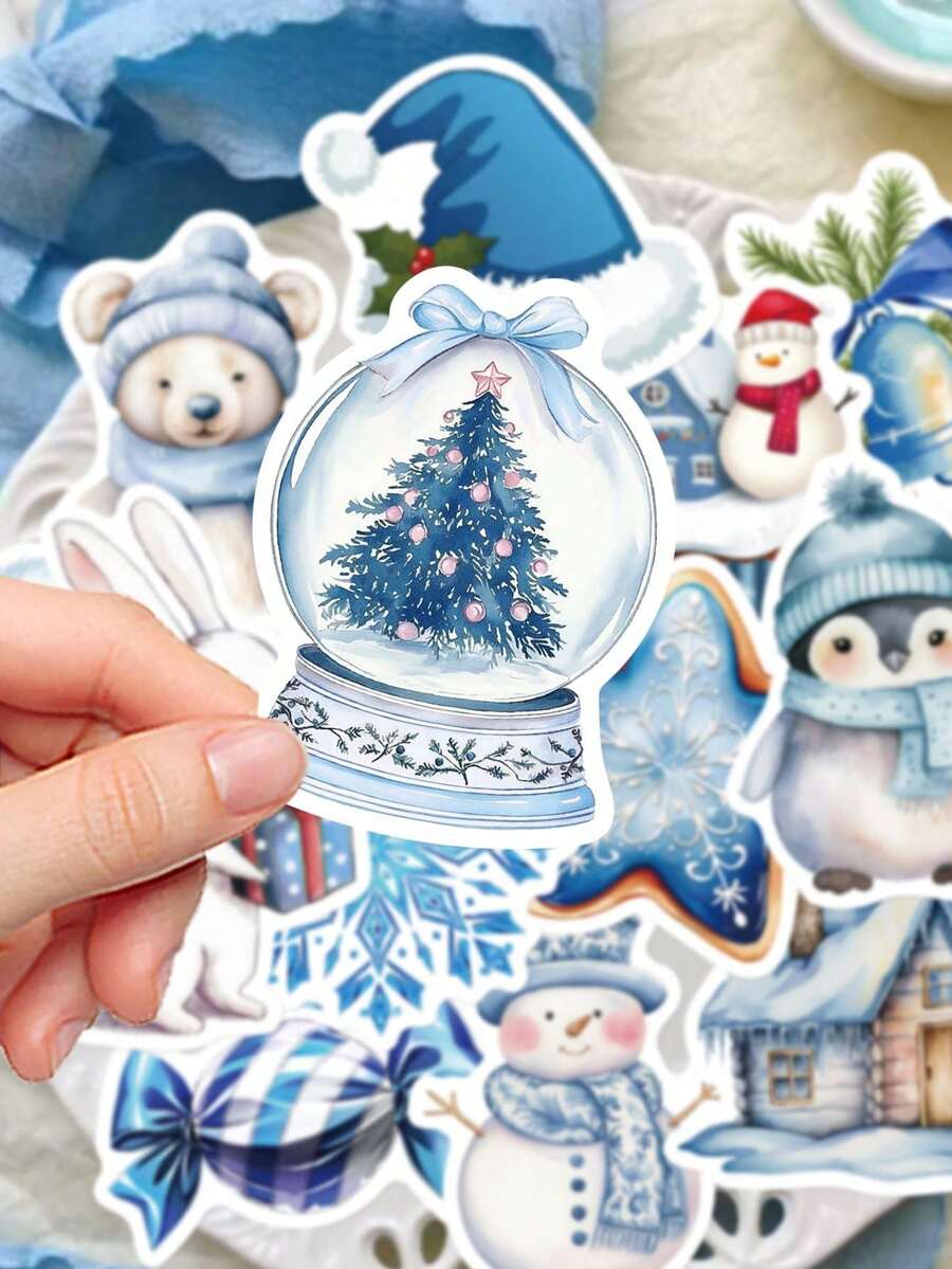 50pcs Blue Winter Stickers For Scrapbook, Phone Case, Diary, Window, Skateboard, Luggage, Refrigerator Decoration, Christmas Gift - Multicolor - View 1