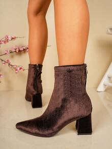 European And American Style Pointed Toe Chunky Heel Ankle Boots For Women, Back Zipper Vintage Versatile Autumn/Winter High Heel Boots - Coffee Brown - View 3
