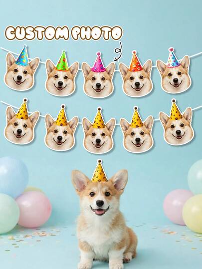 8/16/24pc Custom Pet Face Birthday Banner,Personalized Dog Photo Party Hat Bunting,Pet Birthday Hanging Garland Decor,Dog Puppy Birthday Party Supplies
