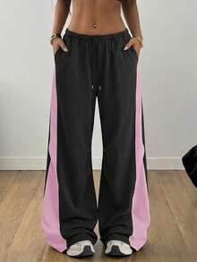 1pc Women's Loose Wide Leg Sports Pants With Pleated Patchwork Contrast Color Design, Fashion For Fitness, Running, Yoga, Training, Commuting And Versatile Occasions - Black - View 4
