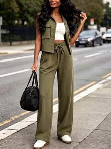 Women's 3 Pieces Vintage Military Green Utility Set, Short Sleeve Shacket, White Camisole, Spring/Autumn Elegant - Army Green - View 1