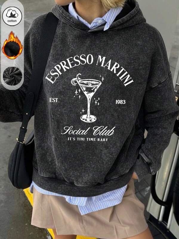 Sudadera con capucha de algodón Es Trus, ropa de calle Y2K para mujer con estampado de patrón "Cocktail Letter" en negro lavado para otoño e invierno