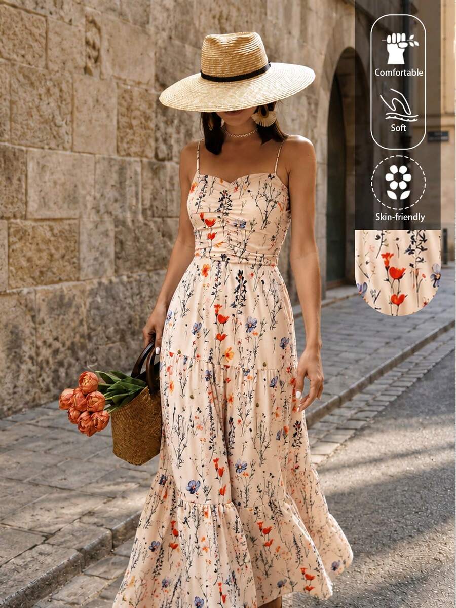EARO Women's Sleeveless Printed Dress, Unique Ruffled Layered Design, Spaghetti Strap Long Dress Elegant Summer