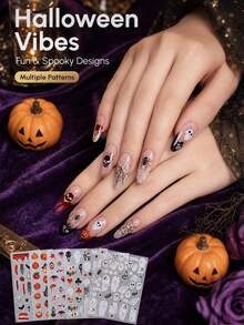 1Sheet Halloween Nail Art Stickers, 3D Self‑Adhesive Nail Decals, Ghost Skull Pumpkin Bloody Handprint Bat Gothic Horror Design, Fall Nails Decor, Halloween Press On Nail Accessories, DIY Manicure Supplies For Women Girls Nail Tech - Multicolor - View 10