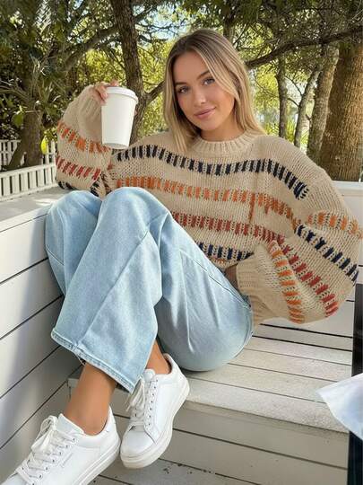Plus Size Women's Christmas Sweater, Autumn/Winter Colorful Striped Contrast Design Round Neck Long Sleeve Knit Top, Casual Style
