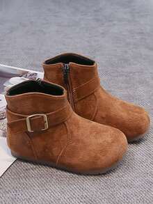 Vintage Buckle Kids' Ankle Boots, Girls' Autumn/Winter Side Zipper Casual Boots - Brown - View 2