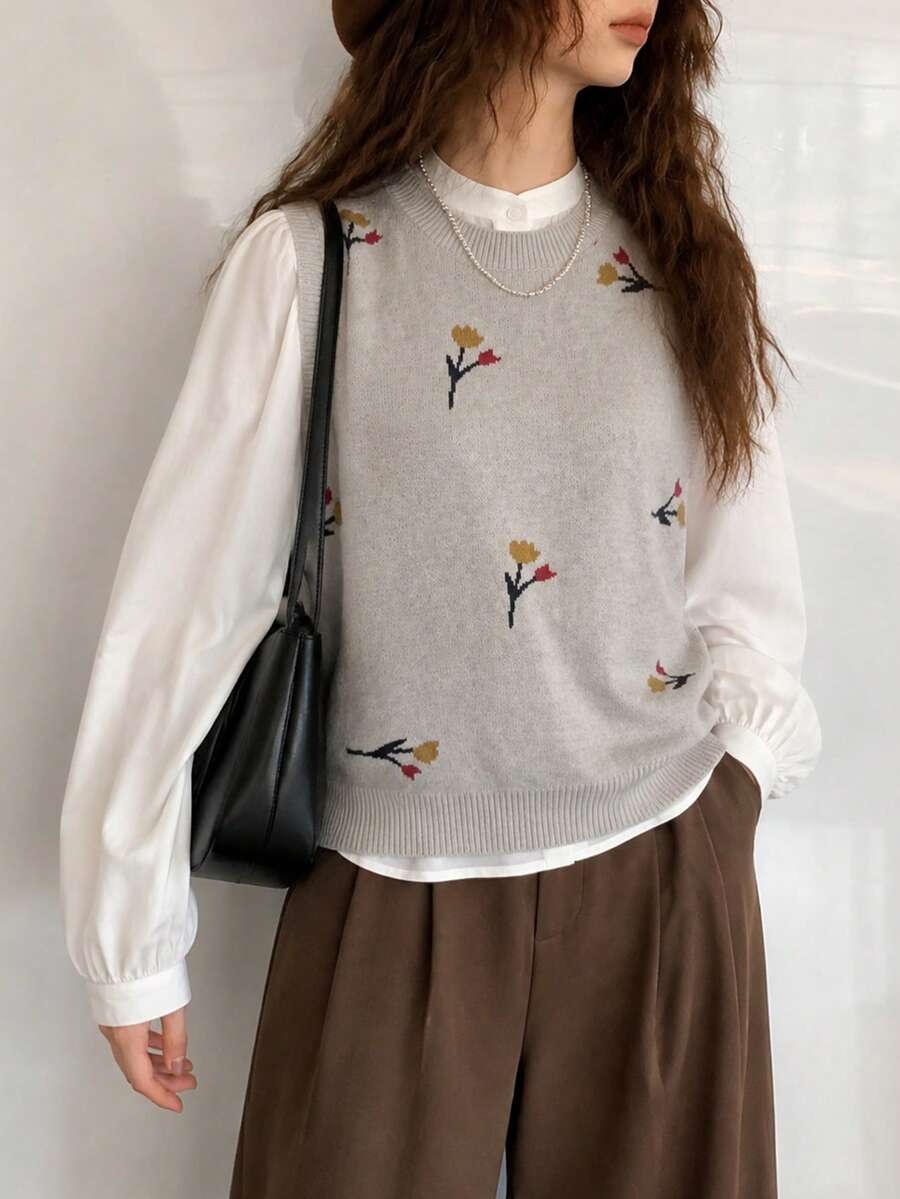 女款秋冬休閒極簡優雅溫柔風花卉圖案圓領套頭背心 - 杏灰色 - 查看 1