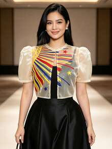 夏季時尚優雅印花泡泡袖短袖開襟衫上衣，女款 Bolero Filipiniana 上衣 - 香檳色 - 查看 5