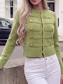 Women's Green Military Style Knitted Cardigan Sweater, Gold Buttons, Long Sleeve High Elasticity Pullover, Suitable For Autumn/Winter Wear - Green - View 7