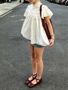 Women's Solid Color Blouse Shirt, Stand Collar Casual Minimalist Ruffle Sleeve Shirt White Summer - White - View 2