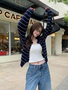 Korean Style Striped Knit Cardigan, Autumn Casual Short Length Long Sleeve Thin Cardigan Sweater, Women's Open Front Jacket - Navy Blue - View 6