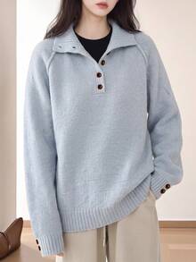 Women's Autumn/Winter Casual Minimalist Vintage Style Half-Button Knit Pullover Sweater - Baby Blue - View 4