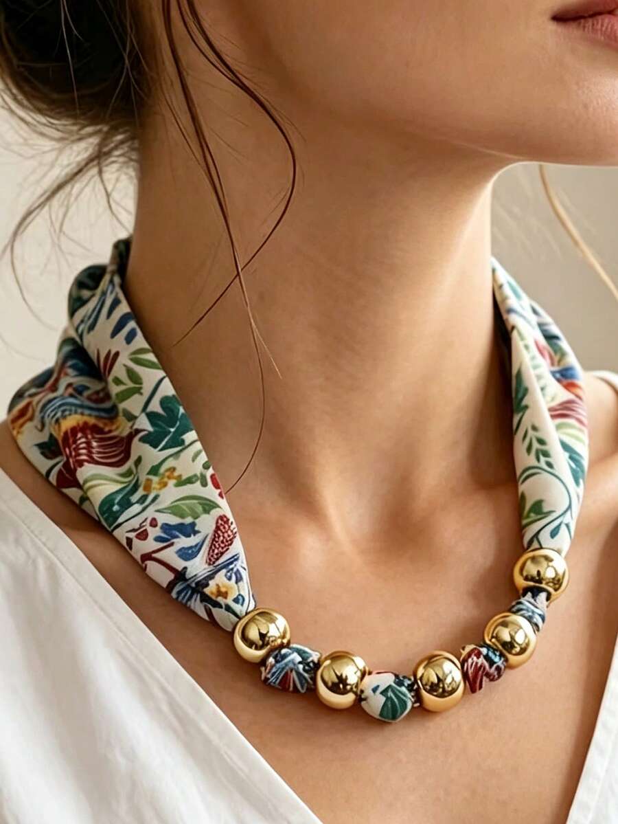 French Vintage Dark Silk Scarf, Bohemian Botanical Print Scarf Necklace, Versatile Neck Accessory For Vacation & Daily Wear,Necklaces For Women - Multicolor - View 1