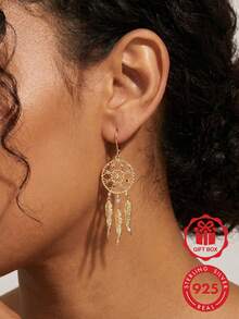 1 Pair Women's Hoop Earrings, 18K Gold Plated Dreamcatcher Feather Earrings, 925 Sterling Silver Inlaid With Colorful Cubic Zirconia, Elegant Jewelry Gift - Gold - View 7