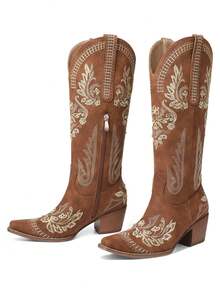 Embroidery Cowgirl Western Boots Chunky Heels Zip Retro Luxury Casual Mid Calf Red Women Ridding Shoes Fashion Wedding Boots - 棕色 - 查看 2
