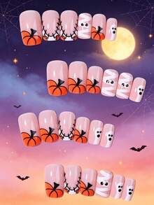 24pcs Short Square Halloween Nail Stickers, Pumpkin, Ghost, Spider Web Patterns, Includes 1pc Double-Sided Adhesive And 1pc Nail File - 彩色 - 查看 2