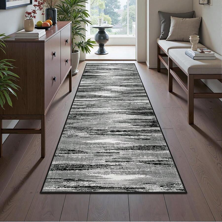 Alfombra de pasillo antideslizante para dormitorio, alfombra lavable con reverso de goma - Alfombra suave de pelo corto para cocina, lavandería, baño (61 x 244 cm, beige/marfil) - Negro - Ver 1