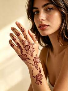 4pcs Exotic Floral Totem Print Temporary Tattoo Stickers, Covers Palm + Forearm, Neat Lines, Vintage Floral Style, Reusable Multiple Times, For Party And Styling - Black - View 4